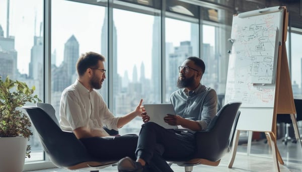 “An image of two colleagues sitting in a sleek, openplan office with large windows and a cityscape view