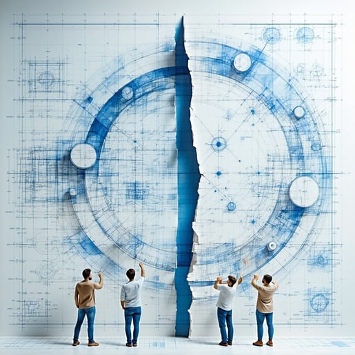 A blueprint torn in half revealing a new schematic underneath built from interlocking circles and soft curves A group reassembles it with care and intentionality-1