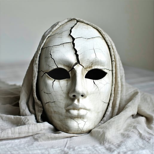 A cracked porcelain mask on a soft cloth Around it a group reflects and places objects of truth selfhood and memory into a new vessel-1