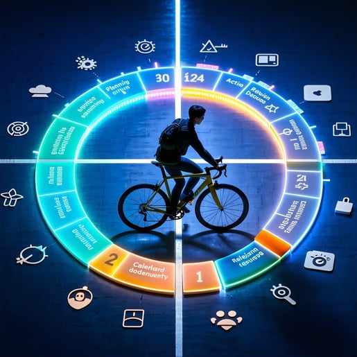 A determined cyclist navigates a vibrant circular calendar where each segment is adorned with distinct icons representing the stages of a productive journey planning acting reflecting and revising As the cyclist pedals forward the path beneath them r-1