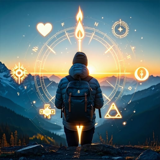 A lone traveler at a scenic mountain overlook at sunrise studying a glowing internal compass surrounded by symbols representing values heart flame key Emotive reflective atmosphere-1