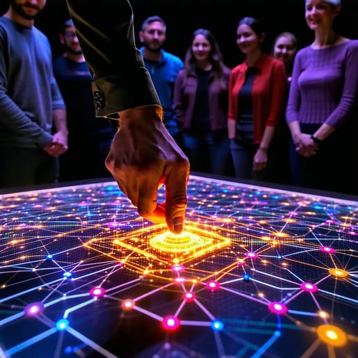 A person carefully positions a luminous token at the center of a complex network board its vibrant colors casting a warm glow that illuminates the intricate pathways snaking across the surface Surrounding them a diverse group of observers watches int-1