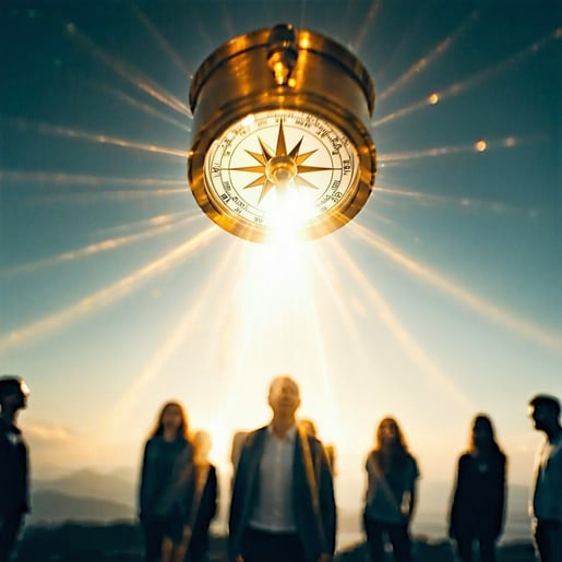 A radiant compass hovers serenely in midair its needle gently oscillating as if drawn by unseen forces casting a warm inviting glow that illuminates the faces of the gathered figures These individuals embodying diverse internal voices stand united in-1