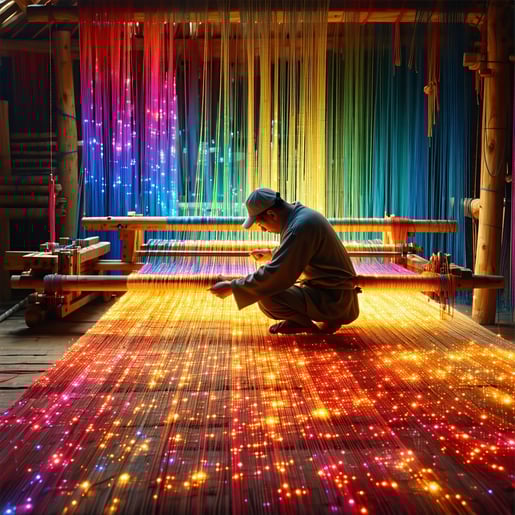 A skilled artisan sits at a loom deftly interlacing vibrant threads that shimmer with the colors of printed pages glowing digital screens and handwritten notes Each strand represents a different source of knowledge from classic literature to cuttinge-1