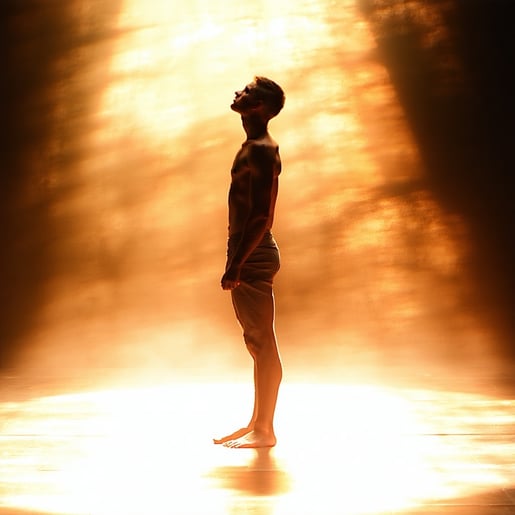 A solitary figure stands confidently on the stage bathed in a warm golden glow that envelops them like a comforting embrace Their bare feet connect them to the ground symbolizing a deep sense of stability and presence With a serene expression and ope-1