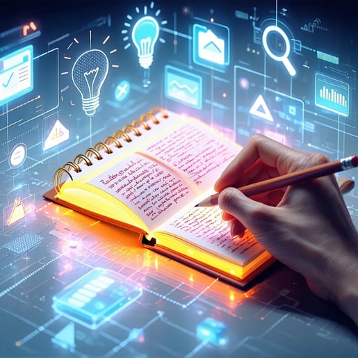 A spiral notebook glowing with highlighted phrases floating in a digital interface surrounded by icons of reflection a lightbulb magnifying glass and feedback arrows Person reviewing notes thoughtfully