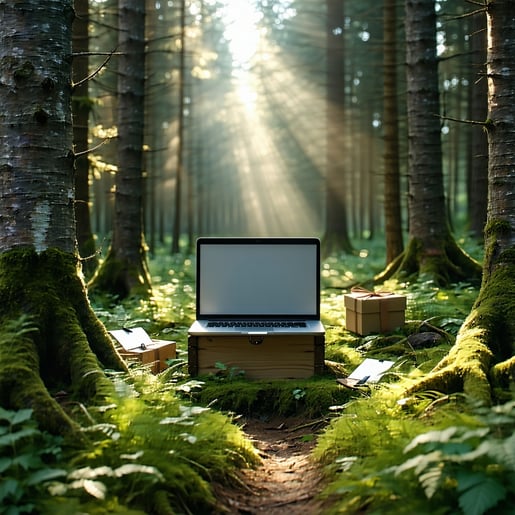 A symbolic clearing in a forest where people gently pack away symbols of the past badge laptop into a small archive box Soft light emerges through the trees as a path opens ahead