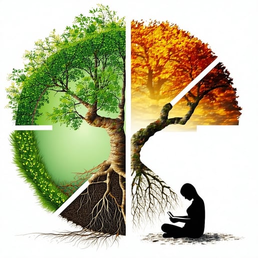 A tree growing in four distinct seasonal quadrants showing roots and branches adapting across time A person journaling beneath it Sense of cycles growth and harmony with change-1