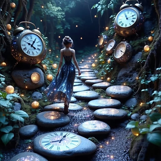 A whimsical figure gracefully traverses a surreal landscape of stepping stones each uniquely crafted from shimmering clocks and glowing moons The larger stones solid and reassuring provide a stable foundation while the smaller ethereal ones gently bo-1