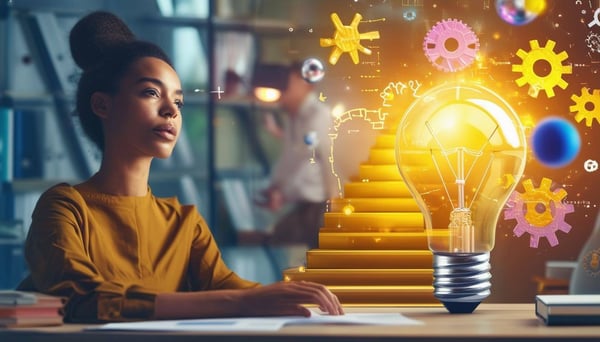 A woman at a desk surrounded by symbols of empowerment a glowing lightbulb representing ideas, a staircase climbing to a golden peak, and interconnect