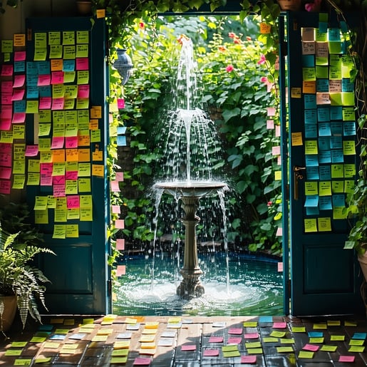As the individual emerges from the chaotic confines of a cluttered space filled with the incessant beeping of alarms and a chaotic array of colorful sticky notes they are greeted by the serene embrace of a tranquil garden Here the gentle sound of wat-1
