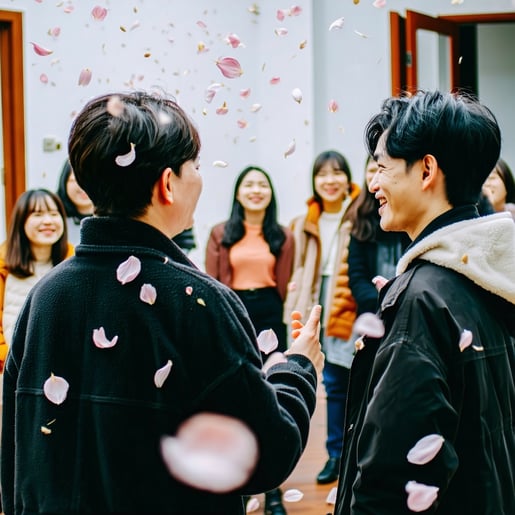 As two individuals share a lingering gaze and a subtle nod their gesture embodies a deep mutual respect and understanding marking the end of a chapter in their lives Nearby a vibrant circle of newcomers forms their laughter and excitement infusing th