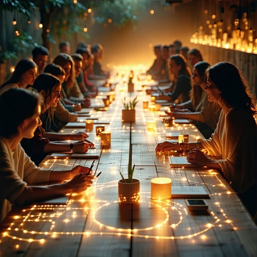 At the center of a warmly lit space a communal table invites individuals to engage in meaningful dialogue their thoughts and expressions interwoven across luminous lines that shimmer with intention Enveloping this collaborative atmosphere delicate sy-1