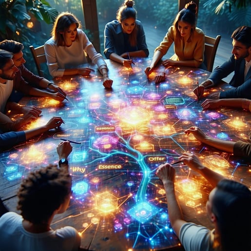 At the center of the round table a vibrant mindmap radiates with a soft ethereal glow illuminating the faces of those gathered around it The map features key concepts such as Essence Offer and Why Now each word intricately woven into the tapestry of-1
