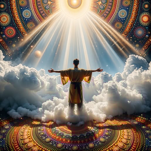 At the heart of a vibrant mandala a person stands with their arms outstretched wide embracing the energy of their surroundings They are enveloped by intricate icons that symbolize truth vision and heart each representing a unique facet of enlightenme-1