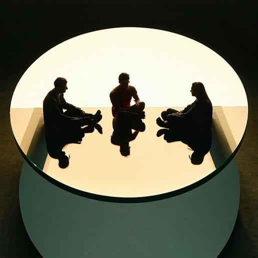 Envision a round table its polished surface reflecting a warm inviting light where four distinct figures engage in a dynamic conversation The Protector with a gentle yet firm presence embodies safety and nurturing the Critic sharpeyed and articulate