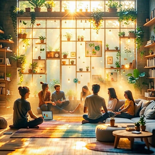 Imagine a vibrant life design studio bathed in warm golden sunlight that pours in through expansive windows creating a welcoming atmosphere infused with optimism and creativity Here individuals come together to explore and construct their own unique-1