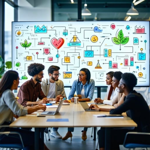 In a bright modern conference room a diverse group of team members huddles around a large digital screen intently discussing and brainstorming as they create a detailed flowchart The flowchart is visually engaging featuring distinct icons that symbol-1