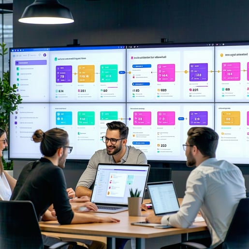 In a collaborative workspace team members gather around digital dashboards displaying an array of tasks and deadlines They are integrating automated reminders into their workflow seamlessly shifting tasks from individual responsibility to automated s-1