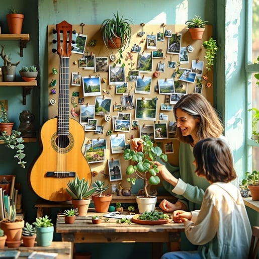 In a cozy sunlit room a communal memory board stands as a focal point adorned with vibrant mementos that tell stories of connection and love People gather around their faces radiating warmth and affection as they carefully place symbolic items a weat-1
