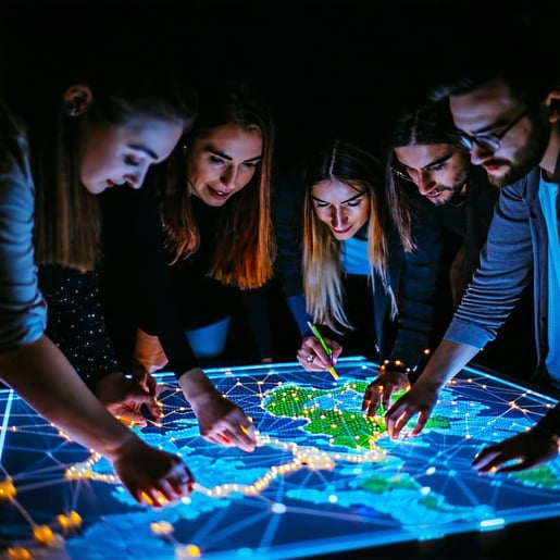 In a dimly lit room a diverse group of individuals leans in closely around a vibrant illuminated map that pulsates with colors revealing a network of interconnected nodes and intricate lines Their expressions reflect a mix of intrigue and understandi