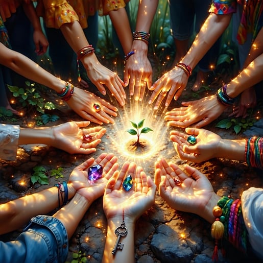 In a serene and sacred space a diverse group of hands belonging to individuals of various backgrounds reach out towards the center of a luminous circle etched into the ground Each hand delicately places a unique symbolic object a small vibrant seed r-1