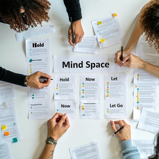 In a serene and tranquil environment a group of individuals collaborates harmoniously around a shared board titled Mind Space which is thoughtfully divided into categories such as Hold Now and Let Go Each participant contributes to the organization o-1