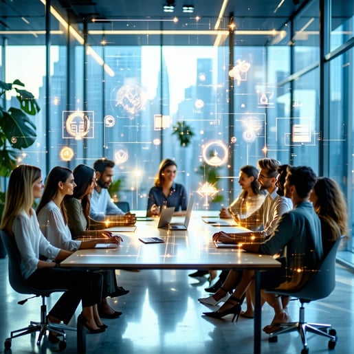 In a sleek glass office bathed in natural light a diverse team is gathered around a polished conference table their expressions a mix of focus and collaboration One individual exuding a serene confidence meticulously sketches a radiant boundary line