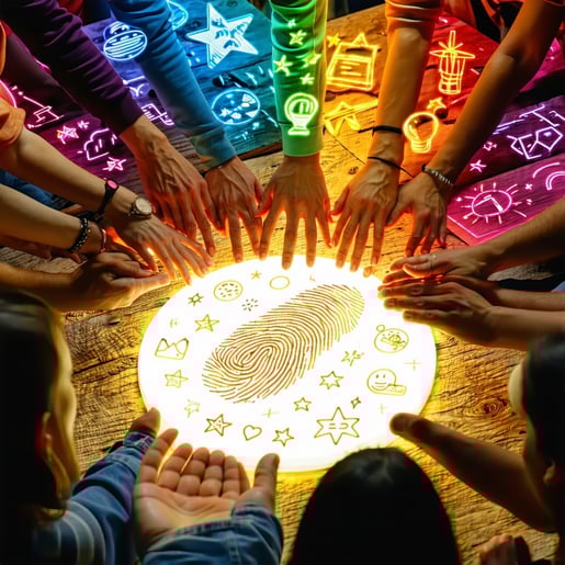 In a vibrant scene a figure carefully arranges an array of symbolseach representing unique aspects of identity and expression such as a star for aspiration a voice for individuality and a fingerprint for authenticityinto an open portfolio This figure-1