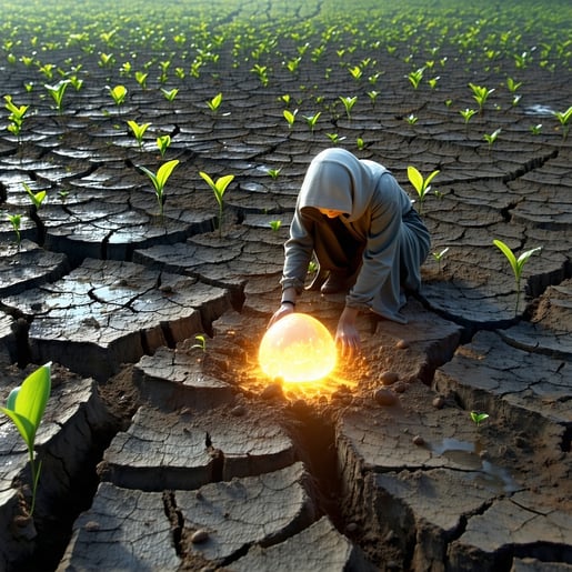 In the aftermath of a fierce storm a solitary figure kneels in the parched cracked earth carefully pressing a small luminescent seed into the dry soil The seed emits a soft ethereal glow casting a warm light against the desolate landscape Around it d