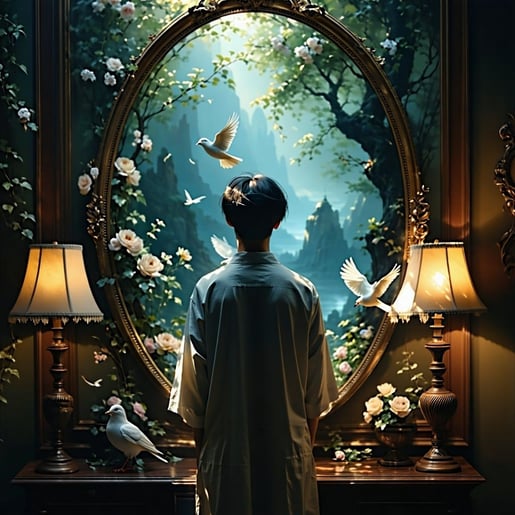 In the dimly lit room a person stands before an ornate mirror their expression a mix of awe and determination as they gaze into a vivid reflection of themselves transformed and radiant This future version exudes an aura of confidence surrounded by et