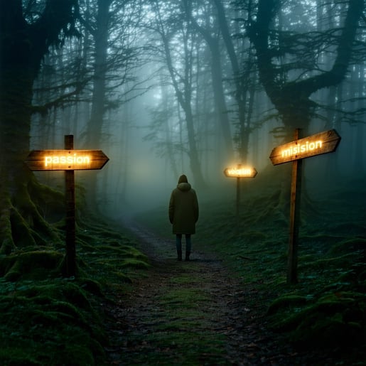 In the heart of a dense mistshrouded forest a solitary figure stands clutching a luminous compass that casts a warm ethereal light through the swirling fog The air is thick with mystery and the ground is carpeted with soft moss leading to several div-3