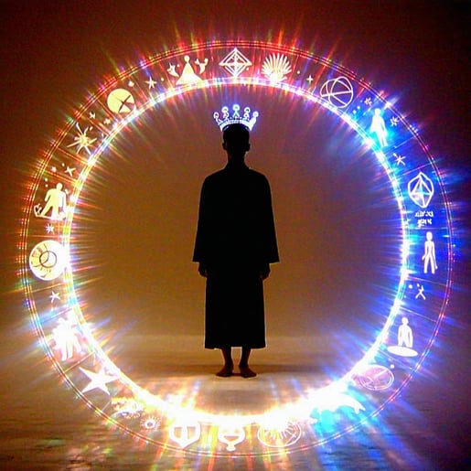 In the midst of a radiant circle of light a figure stands with a serene demeanor embodying a sense of inner peace and strength Encircling them are vibrant archetypal symbolseach representing essential aspects of the human experience the wise mentor w