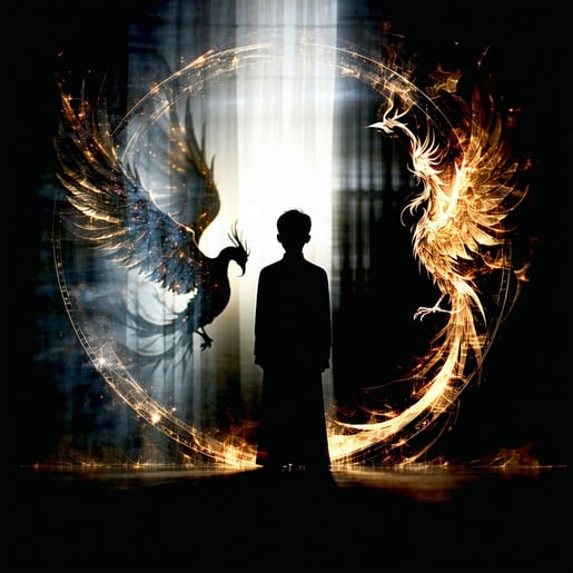 In the scene a solitary figure stands before a mirror their gaze locked onto the reflection of their own shadow which appears to shimmer and gradually dissolve into radiant light The transition from darkness to illumination symbolizes a profound inne-2