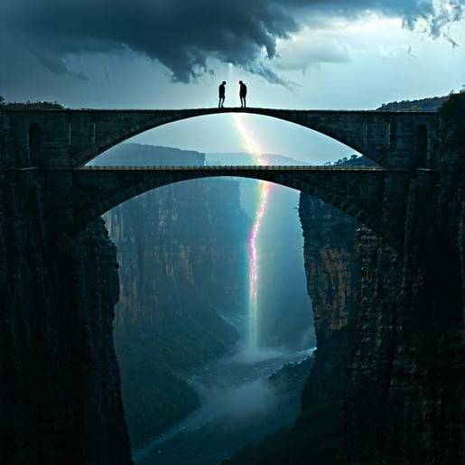 On a narrow bridge suspended between two towering cliffs two individuals stand facing each other their bodies relaxed and open conveying a deep sense of connection and trust A radiant arc of light flows gently between their hearts symbolizing the pro