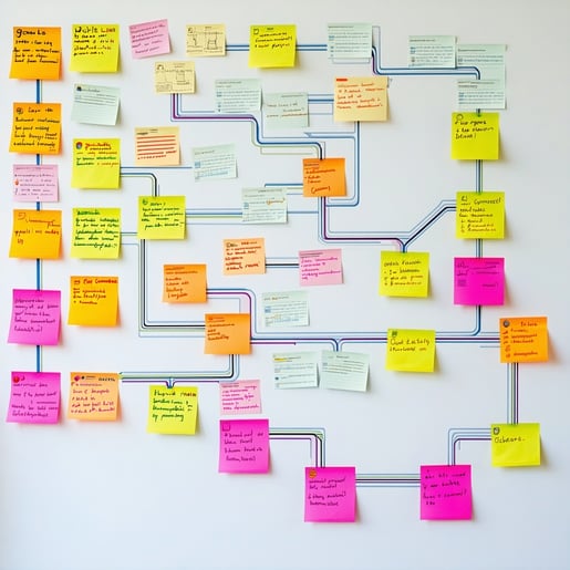 The branching timeline is a dynamic visual representation constructed from an array of colorful sticky notes and tiles each meticulously labeled with specific small goals or hypotheses that collectively form a larger project vision As multiple collab