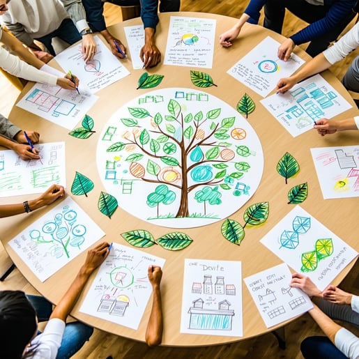 The communal table serves as a vibrant hub of creativity and collaboration adorned with a myriad of handdrawn business model canvases that showcase innovative ideas and strategies Surrounding these canvases are values cards each one intricately desig