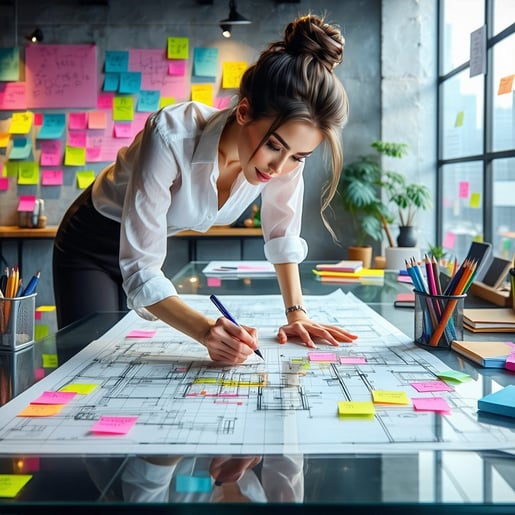 The creative lab is a vibrant space filled with an eclectic mix of colors and textures where a person leans intently over a large sheet of glass meticulously sketching a detailed blueprint with a marker The atmosphere buzzes with inspiration as walls-1