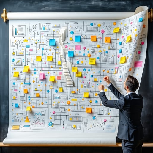 The diagram begins as a simple sketch on a chalkboard gradually unfurling like a scroll to reveal a complex business model canvas filled with colorful sections and annotations As it unfolds several collaborators representing diverse expertise animate-1