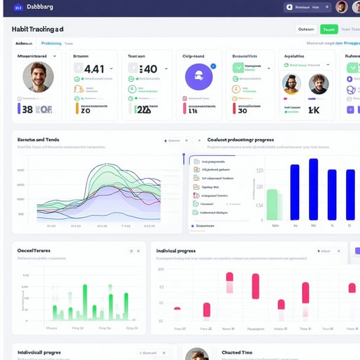 The dynamic dashboard showcases a series of interactive habit tracking graphs each vividly illustrating individual and team progress over time In a collaborative setting team members engage in lively discussions analyzing trends and sharing insights-1