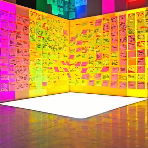 The feedback wall is a vibrant tapestry of colorful cards each one inscribed with thoughts suggestions and insights contributed by a diverse group of individuals their varied perspectives represented by the unique handwriting and colors At the heart-1