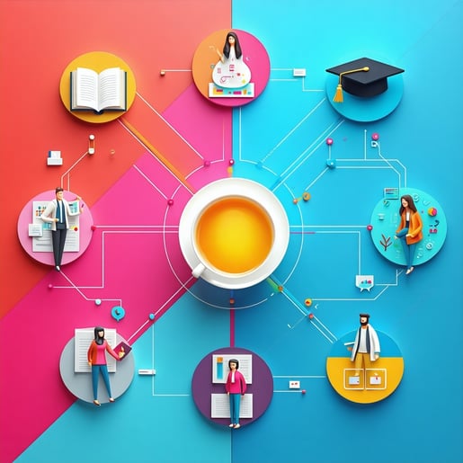 The flow diagram features a vibrant central hub symbolizing the intersection of education and career pathways from which lines radiate outward to various job roles Surrounding this hub are academic iconsopen books representing knowledge acquisition a-1