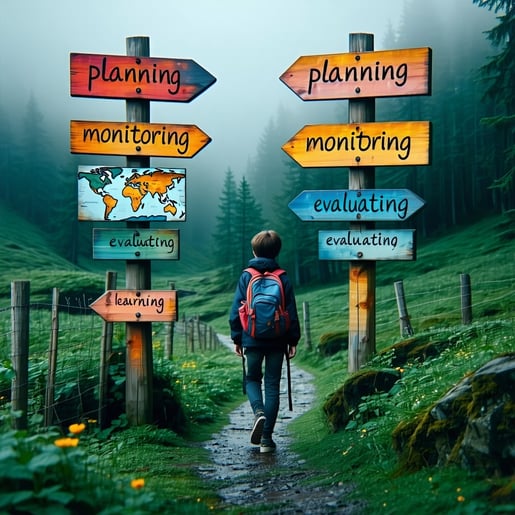 The individual equipped with a determined expression carefully traverses a winding path adorned with vibrant signposts that stand tall and clear each labeled with the key components of selfregulated learning Planning Monitoring and Evaluating Each si-2