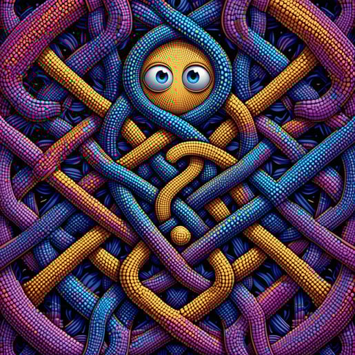 The intricate knot once tightly bound gradually loosens and transforms into a vibrant mandala its geometric patterns expanding outward in a harmonious dance of color and shape At the heart of this mesmerizing design a pair of open eyes gazes outward