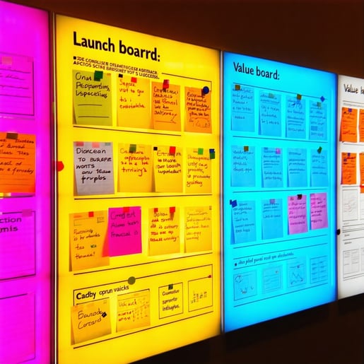 The launch board radiates a warm inviting glow its surface adorned with vibrant role cards that delineate specific responsibilities and titles alongside colorful value icons that symbolize the core principles guiding the initiative Action plans are m-1