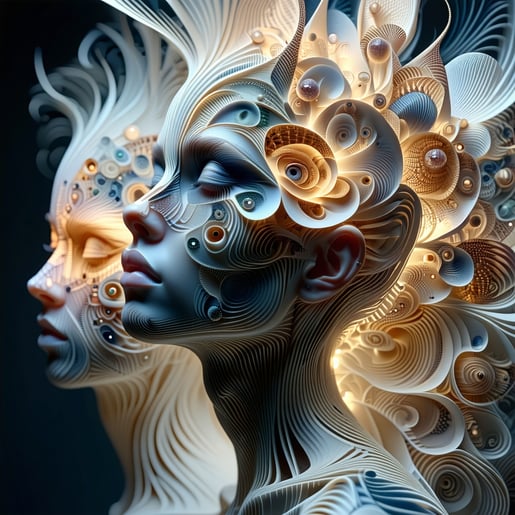 The layered silhouette of a person is intricately designed featuring an array of nested masks or shells that represent different facets of identity and emotion each layer subtly varying in texture and color The innermost layer glows softly casting a-1