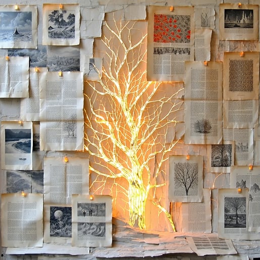 The once pristine blueprint of life now frayed and tattered lies scattered amidst a collective of individuals each contributing their unique perspectives and experiences As they gather vibrant golden threads weave through the remnants of the old desi