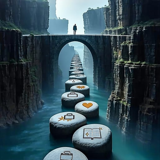 The scene depicts a striking dynamic bridge that elegantly spans the chasm between two towering cliffs its design fluid and organic suggesting movement and progress Along the bridge a series of stepping stones are interspersed each adorned with disti