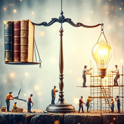 The scene depicts a traditional balance scale one side cradling a thick wellworn book its pages slightly dogeared symbolizing knowledge and learning while the other side holds a luminous lightbulb emanating a warm glow that suggests innovation and br