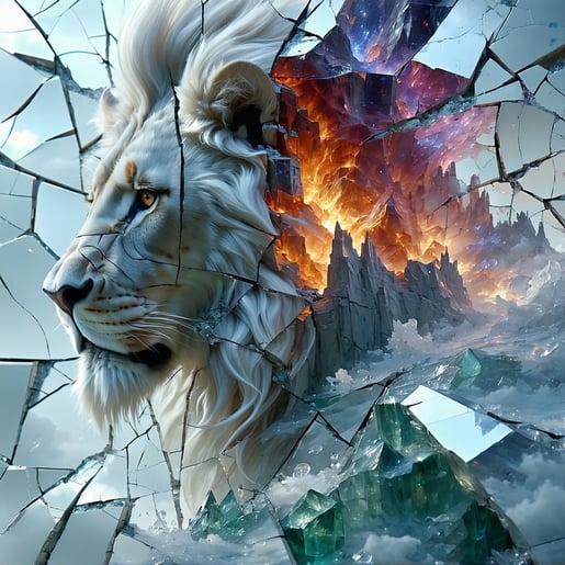The shards of the shattered mirror begin to float and rotate seamlessly fitting together like a puzzle to form a robust and pristine reflection Each fragment glimmers with a hint of light hinting at the resilience of the image it captures Behind this
